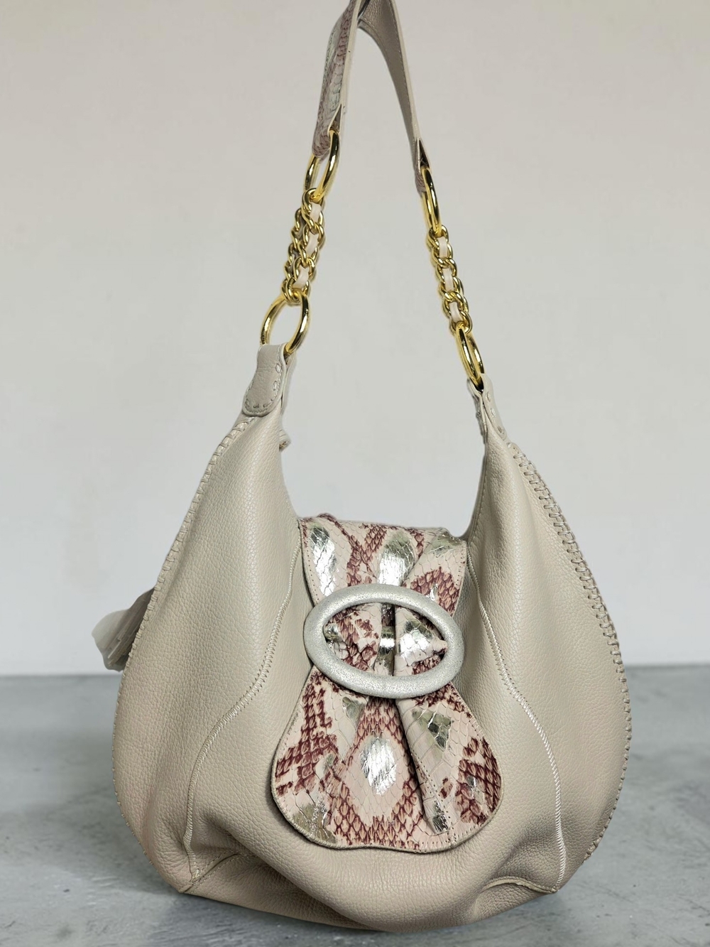Cream Leather Hobo Bag with Snakeskin Detail and Gold Chain Strap